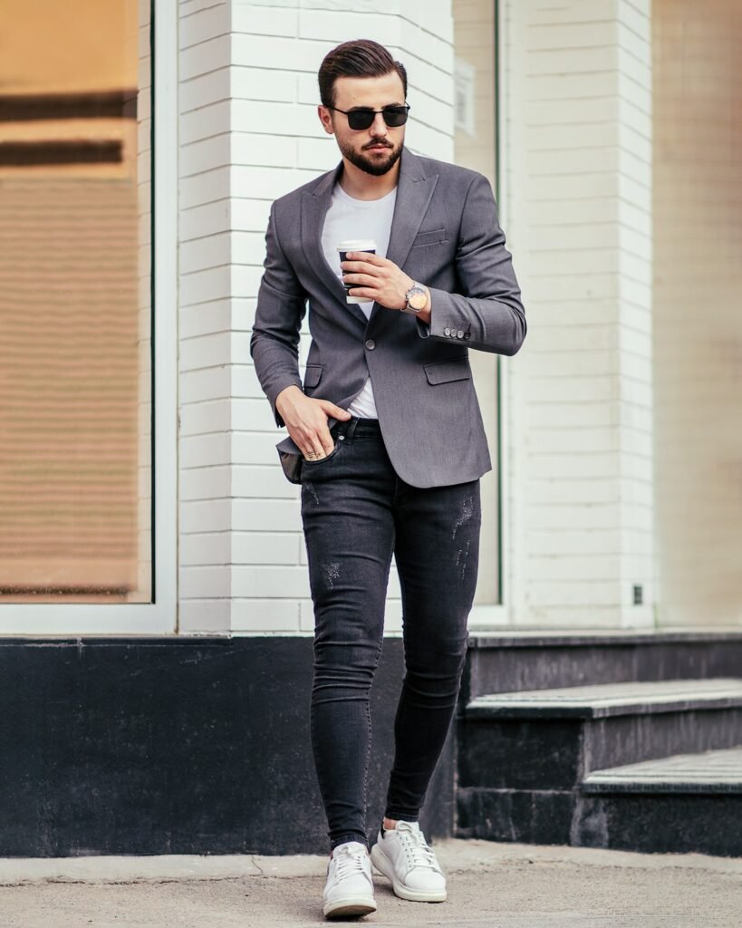 Man in dark rinse straight jeans